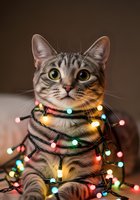 Tabby cat wearing colorful holiday lights wrapped around body, festive pet portrait with warm and cool toned bulbs against neutral background for seasonal celebrations.
