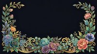 Elegant floral frame with colorful roses, gold swirls on dark background, copy space for text, wedding or greeting card design.