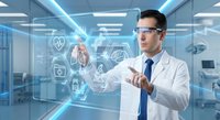 Male doctor in white coat interacting with futuristic holographic medical interface displaying healthcare icons and data in modern hospital laboratory.