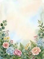 Watercolor floral border frame with pink peonies, roses, blue hydrangeas, ferns, and berries on soft pastel background with copy space.