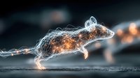 Glowing wireframe mouse silhouette with light particles running on dark surface, creating digital art effect for technology and science visualization.