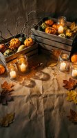 Cozy autumn harvest display with orange pumpkins, gourds, candles in mason jars, wooden crates and fallen leaves creating warm seasonal atmosphere.