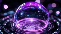 Futuristic glowing sphere with circuit board reflections in purple and blue neon lights against dark background, creating magical technological atmosphere.