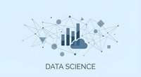 Data science concept with network connections, analytics charts, and geometric elements on light background for business intelligence presentations.