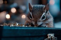 Curious chipmunk eating seeds on dark background with soft bokeh lights, close-up portrait showing detailed fur texture and bright eyes in moody atmosphere.