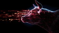 Glowing digital cat head formed by luminous particles with streaming light effects on dark background, showcasing futuristic technology visualization and digital art.