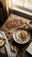 Cozy morning oatmeal bowl with apple slices and walnuts on rustic wood table, cinnamon powder spelling RISE, warm breakfast mood.