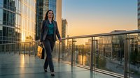 Professional businesswoman walking on modern office building terrace during golden hour sunset in urban corporate district.