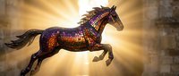 Colorful mosaic horse galloping with radiant golden sunburst background, decorative stained glass style artwork for creative projects and home decor.
