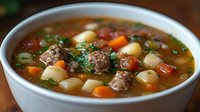 Hearty meatball soup with tender potatoes, carrots, fresh herbs and tomatoes in clear savory broth served in white ceramic bowl, comfort food for cold weather.