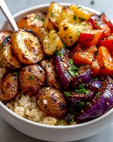 Grilled sausage bowl with colorful bell peppers, red onion and white rice garnished with fresh herbs, served in white ceramic bowl. Close up food photography.
