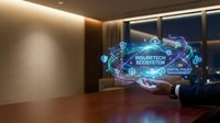 Businessman holding holographic insurtech ecosystem network visualization with glowing digital icons and connected nodes in modern office at night.
