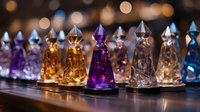 Colorful glass crystal bottles with pointed tops arranged in row against blurred bokeh background, featuring purple, amber, and clear decorative containers.