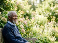 Senior African American man with gray beard sitting on wooden bench in lush garden setting, relaxed outdoor portrait for lifestyle and wellness content.
