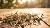 Dried pine needles and cones scattered on wooden surface with warm sunlight filtering through forest background, suitable for nature, autumn, and seasonal design projects.