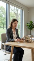 Young woman, Caucasian, real estate agent or property consultant in business attire, examining a wooden house model at her desk near large windows overlooking green landscape, suitable for real estate, business, and professional services marketing.