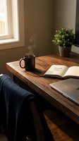 Cozy home office workspace with steaming coffee mug, open notebook with thank you note, laptop, and green plant on rustic wooden desk by window.