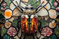 Stained glass beetle artwork with vibrant orange and red mosaic pattern on wings against floral background. Decorative insect design features intricate details and metallic accents.