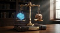 Brass scales of justice balancing digital brain and human brain on law books in attorney office representing AI versus human intelligence in legal practice.