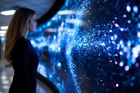 Young Caucasian businesswoman in dark outfit looking at glowing blue digital visualization display with particle effects in modern corporate environment.