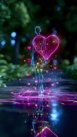 Glowing silhouette of woman with neon heart shape surrounded by magical sparkles and pink heart symbols reflected in water surface against dark background.