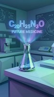 Futuristic laboratory with glowing chemical formula and flask emitting light beams in modern medical research facility for pharmaceutical innovation.