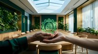 Diverse hands holding glowing green leaf symbol in modern eco-friendly office with plants, skylight and sustainable interior design for environmental business concepts.