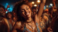 Young African American woman with curly hair dancing joyfully at night party with colorful lights and crowd in background for entertainment concepts.