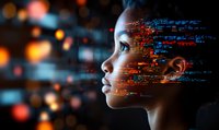 Profile view of young African American woman with digital code projection on face against dark background with glowing bokeh lights and technology elements.