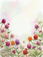 Watercolor clover flowers in pink, purple, orange and white with bees, ladybugs and butterflies on soft pastel background with copy space.