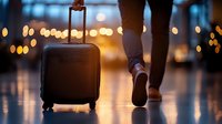 Business traveler walking with wheeled suitcase in airport terminal at sunset, blurred bokeh lights creating atmospheric mood, focus on luggage and feet.