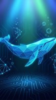 Digital whale swimming in futuristic underwater environment with geometric polygonal design, glowing blue and green lights, technology concept for marine conservation.