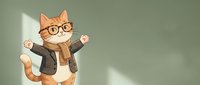 Cheerful orange tabby cat character wearing glasses and business suit with arms raised in celebration against soft green background.