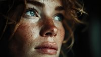 Young Caucasian woman with freckles and blue eyes in dramatic natural lighting portrait showcasing authentic beauty and emotional expression.