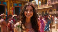 Young woman with traditional bindi smiling during Holi festival celebration with colorful powder-covered crowd in ancient Indian courtyard architecture.