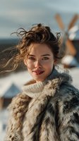 Young woman with windswept hair wearing fur coat in snowy winter landscape with traditional windmill background for seasonal fashion campaigns.