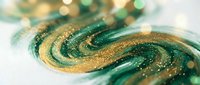 Abstract emerald green and gold swirling paint with glitter sparkles creating luxurious flowing waves on white background for elegant design projects.