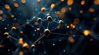 Glowing molecular structure with connected spherical nodes against dark background, illuminated by orange and blue bokeh lights creating futuristic scientific atmosphere.