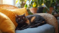 Black cat with orange highlights resting on gray cushion in wicker chair near window, soft natural lighting creates cozy home atmosphere with potted plants in background.