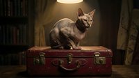 Hairless cat standing on vintage red suitcase under warm lamp light in library setting with bookshelves, suitable for pet, travel, and interior design projects.