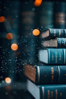 Stack of vintage books with magical glowing bokeh lights and sparkles against dark background, creating mystical atmospheric mood for literature concept.