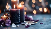 Mystical tarot cards with ornate black candle and crystals creating atmospheric fortune telling scene with warm bokeh lights for spiritual guidance sessions.
