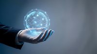 Businessman hand holding glowing digital network sphere with connected nodes representing global connectivity, technology innovation and data communication solutions.