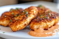 Juicy grilled chicken breasts with crispy seasoned coating and creamy sauce, garnished with fresh herbs on white plate, close-up view of gourmet meal preparation.