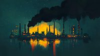Industrial factory silhouettes with smoking chimneys reflecting in water at night, dramatic yellow lights and green sky create moody atmosphere.