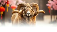 Majestic ram with curved horns against festive Asian backdrop with red lanterns and cherry blossoms for lunar new year celebrations and zodiac themes.