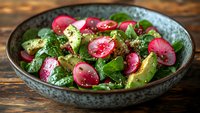 Fresh salad with sliced radishes, avocado, and green leaves in ceramic bowl on wooden table. Healthy vegetarian meal with vibrant colors and textures.