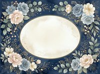 Vintage floral frame with roses, peonies, and eucalyptus on navy background. Oval cream center space for text, invitations, or greeting cards.