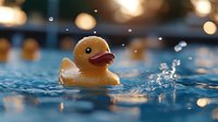 Yellow rubber duck floating in blue water with bokeh lights and water droplets splashing, creating playful bath time atmosphere. Close up macro photography.