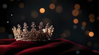 Royal crown with ornate details resting on luxurious red velvet fabric against dark background with soft golden bokeh lights creating magical atmosphere.